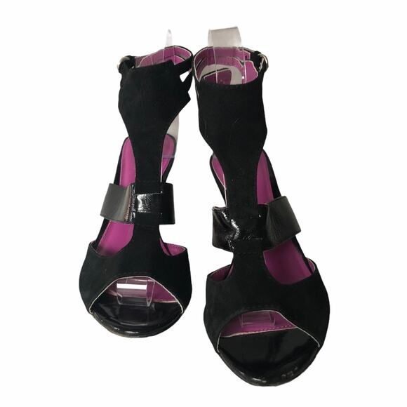 Sergio Rossi Strappy Cage Peep Toe Heel Suede Patent Leather 37 GUC - Picture 5 of 13